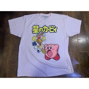 Kirby Mens Pink T-Shirt Size XL-  Kirby Gobbling A Huge Food Pile Under Kanji
